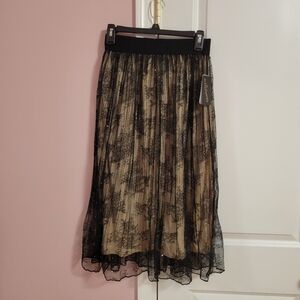 NWT Womens Metrowear Black Gold Sequin Lace Pleated Midi Skirt- S- Party, Formal